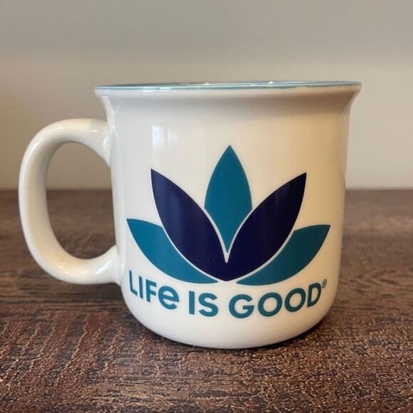 Life Is Good Happy Camper Enamel White Coffee Mug - Picture 1 of 5